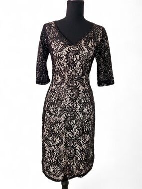 Black Lace Sequin Cocktail Midi Dress Nude Lining Formal Evening Petite Large